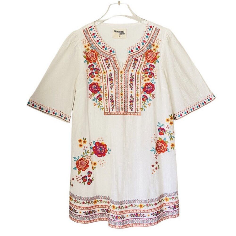 Savanna Jane Floral Embroidered Shift Dress White Teal Size Small Beachy Boho